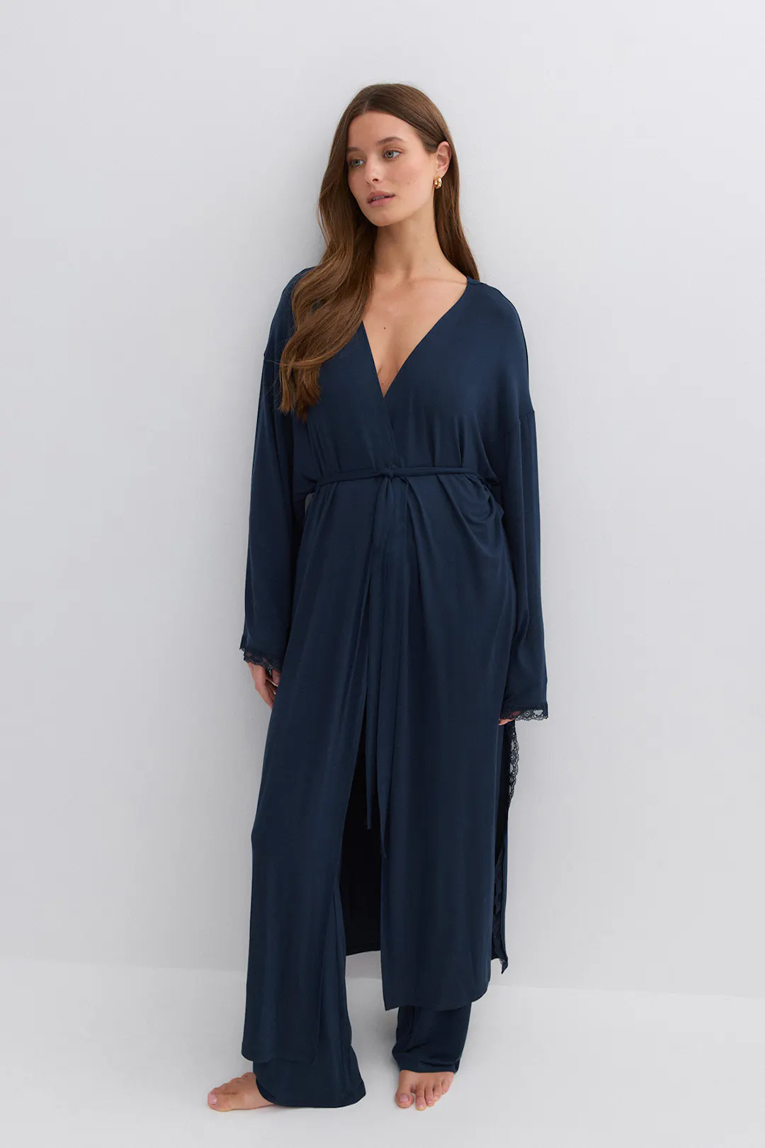 Gina Tricot - Soft lace loungewear robe - ochtendjassen - Blauw - L - Dames