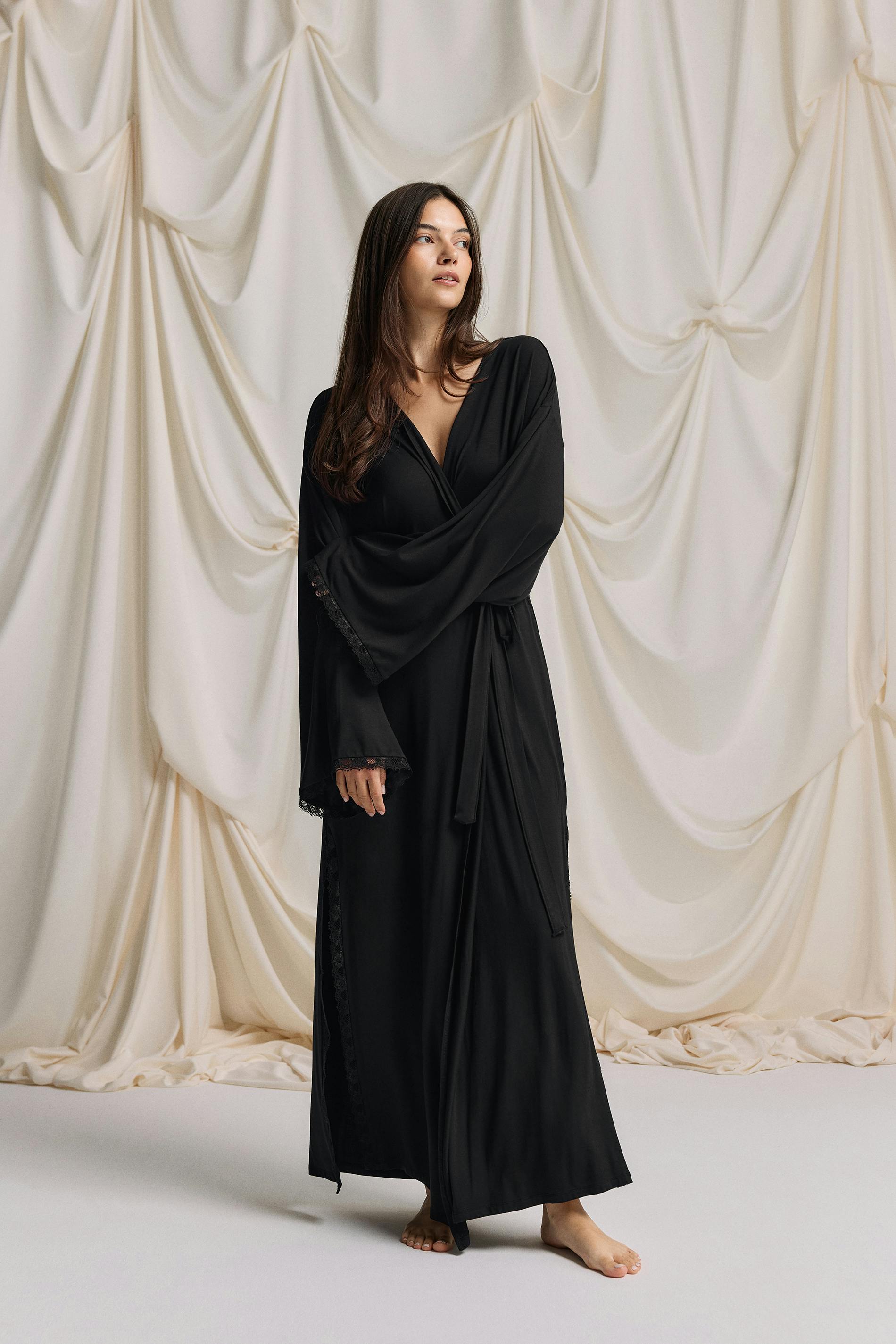 Gina Tricot - Soft lace loungewear robe - aamutakit - Musta - M - Naiset