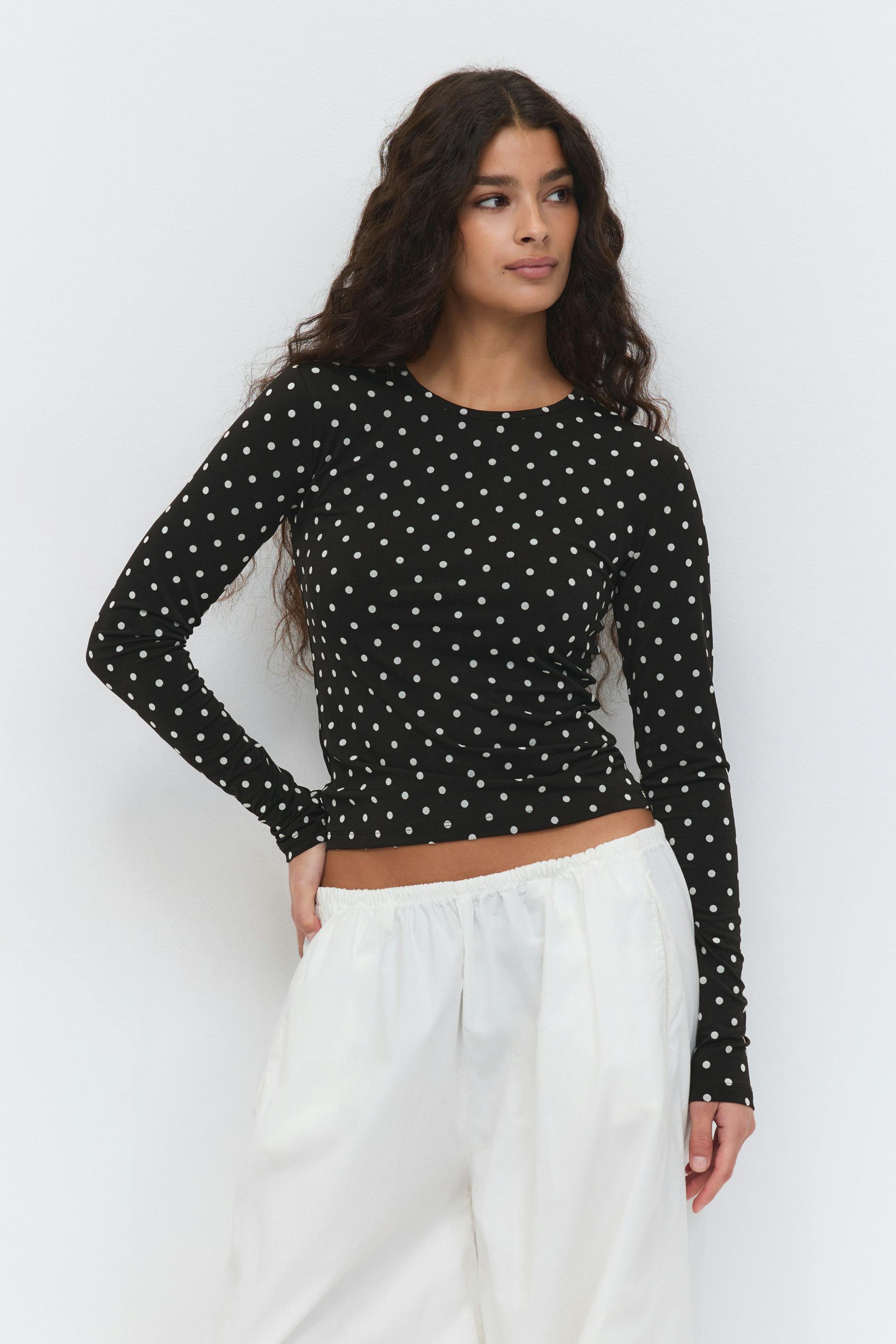 Gina Tricot - Dot top - tops met lange mouwen - Zwart - XS - Dames