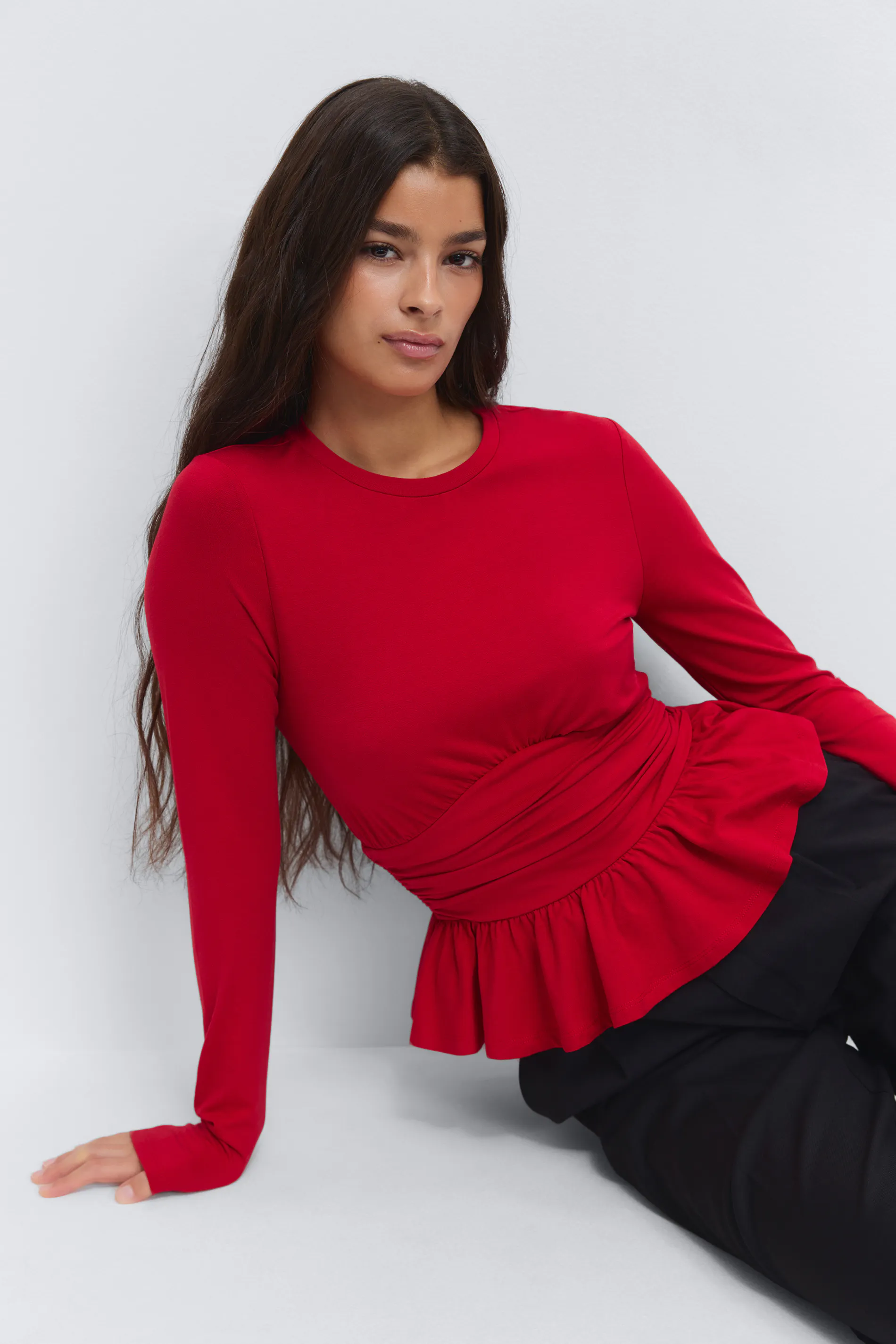 Gina Tricot - Long sleeve peplum top - peplum toppe - Rød - S - Dame