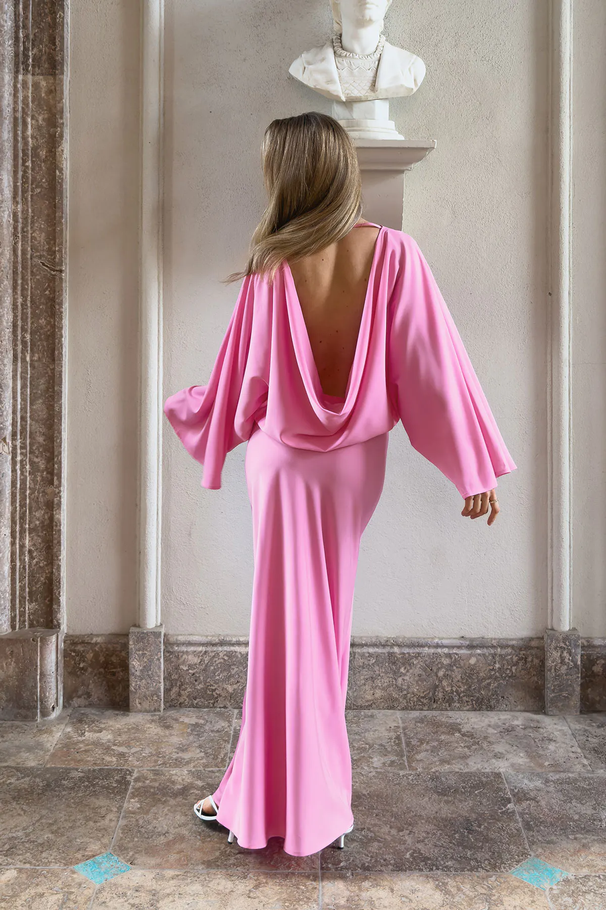 pink long sleeve backless dress Draped back maxi Approx 148cm Materials Color:Champagne Cream VM: Bridesmaid Black Maxi dress with Satin Floral Off-the-Shoulder A-Line