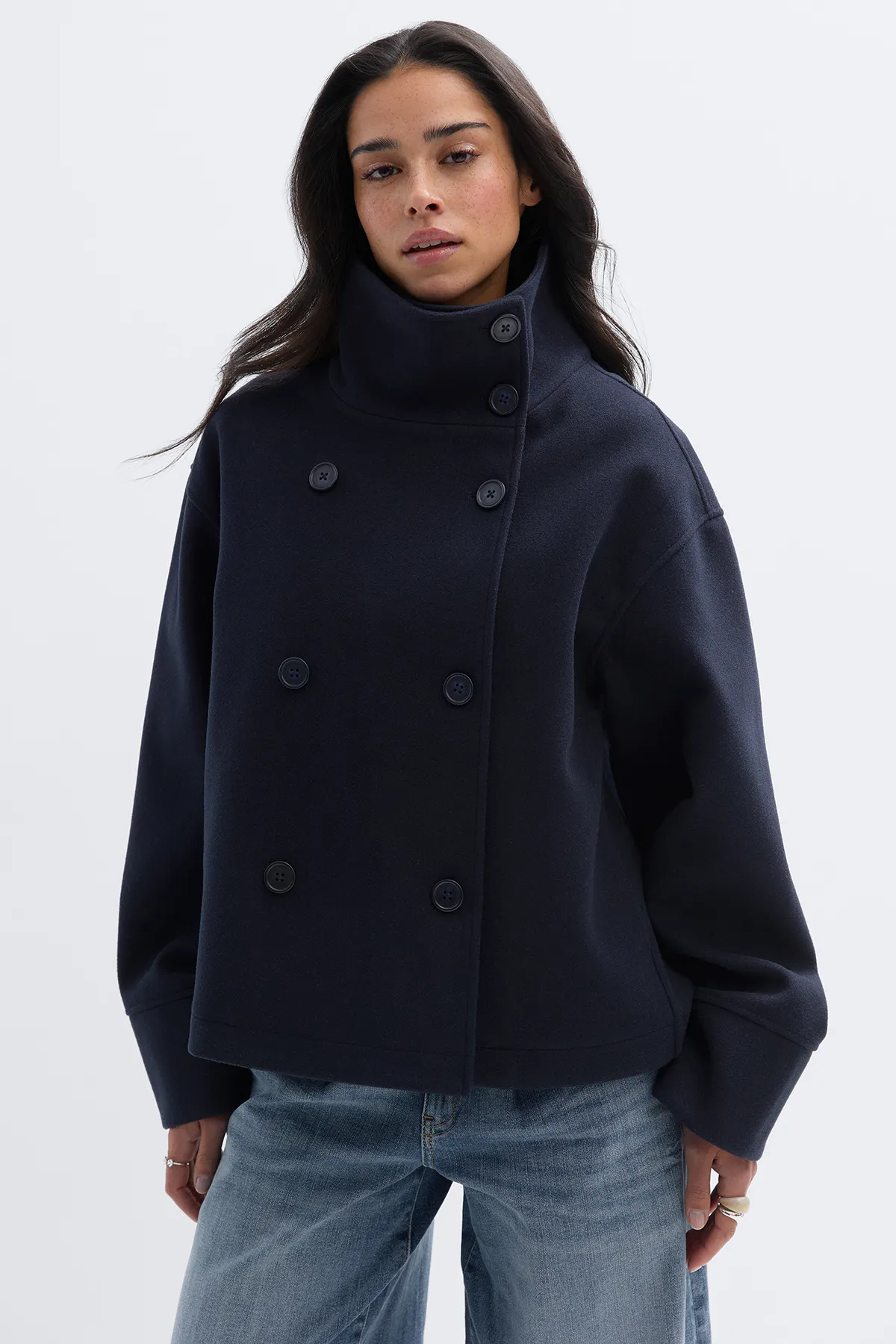 Gina Tricot - High neck short felt jacket - Kåper med høy krage - Blå - XS - Dame