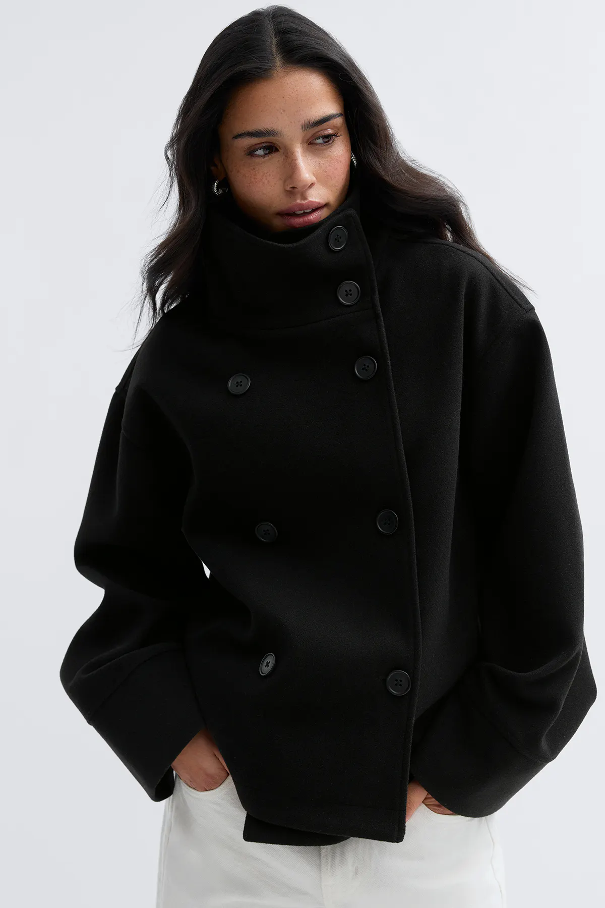 Gina Tricot - High neck short felt jacket - Kåper med høy krage - Svart - L - Dame