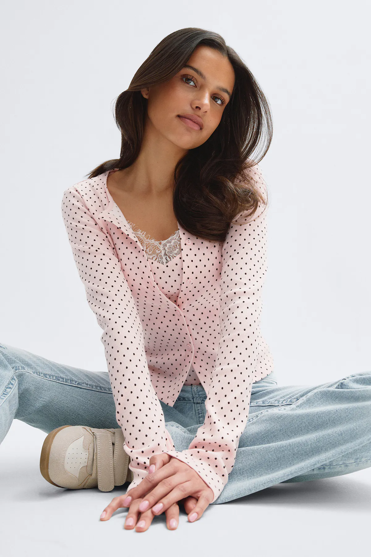 Gina Tricot - 14+ 2 in 1 lace rib cardigan - Cardigans & strikkejakker - Rosa - XS - Dame