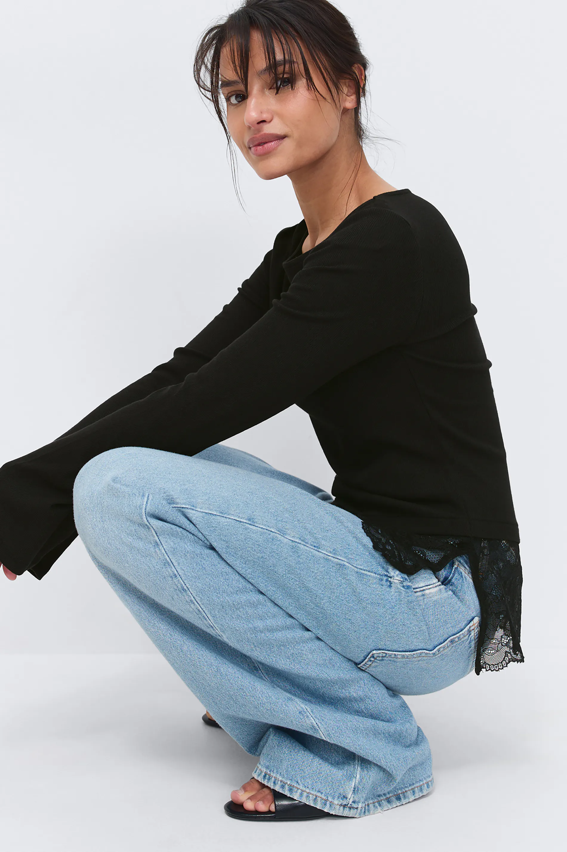 Gina Tricot - Lace detail boatneck top - Langærmede toppe - Sort - L - Dame