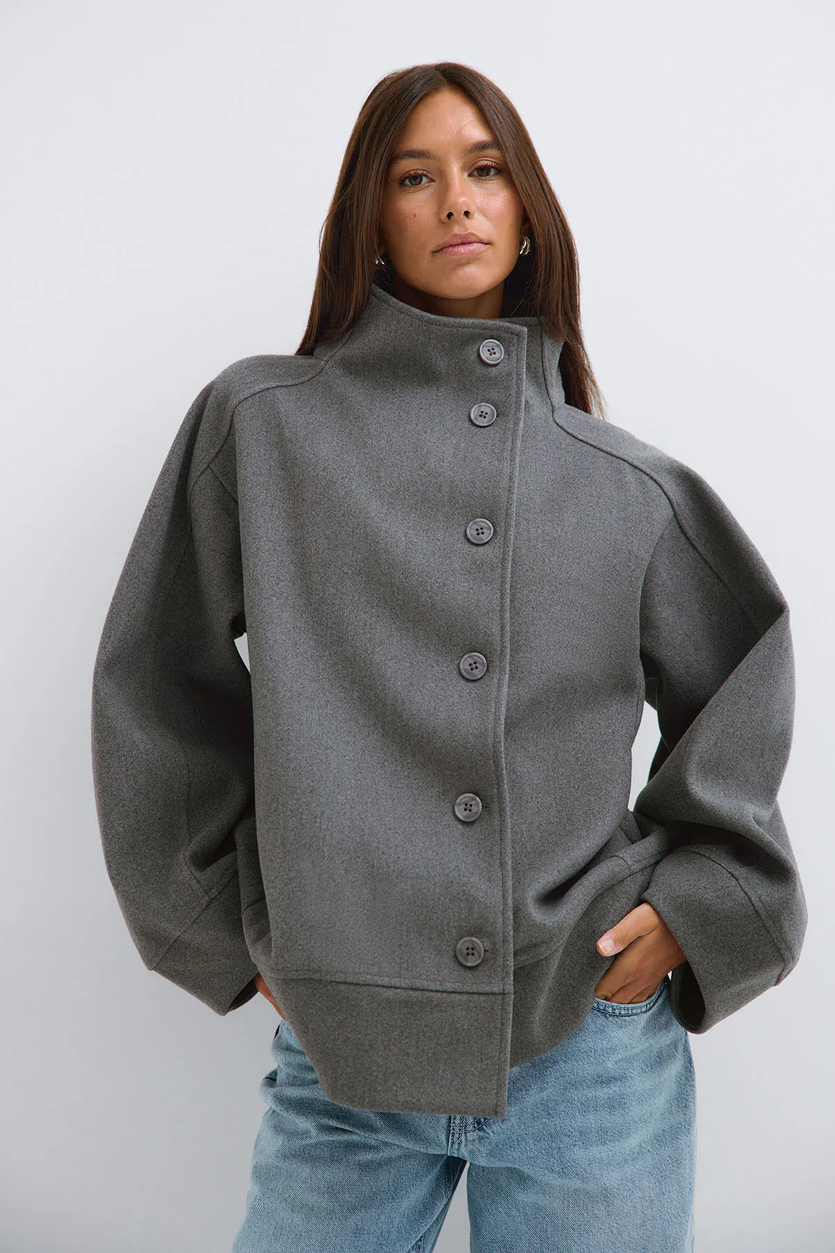 Funnel neck jacket - Grey - Women - Gina Tricot