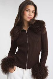 Faux fur zip knitted cardigan