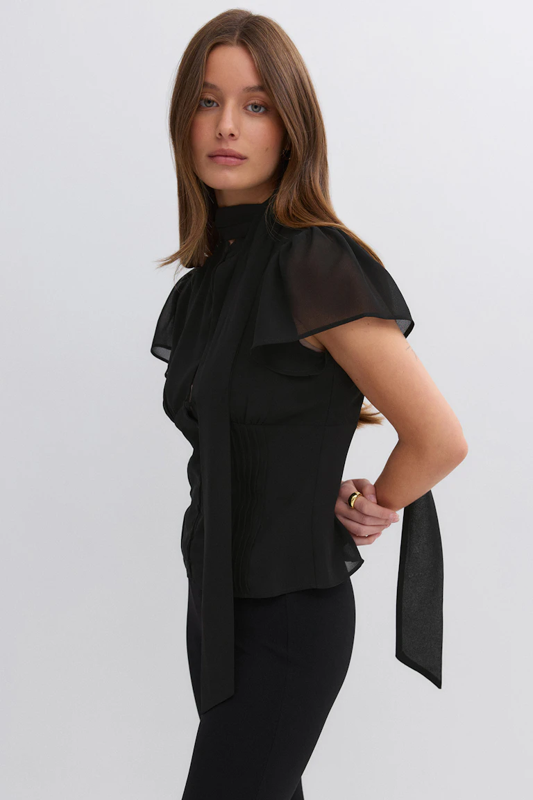 Schwarze Bluse mit durchsichtigen Flatterärmeln, hohem Ausschnitt und langem Halstuch zum Binden, taillierte Rüschen am Oberkörper, kombiniert mit einer schwarzen, taillierten Slim-Fit-Hose.