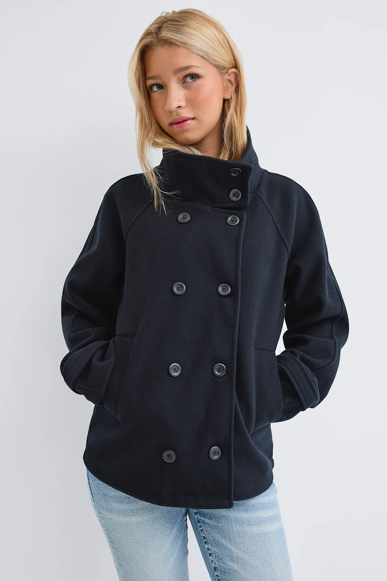 Dark navy double-breasted coat with a high collar and long sleeves.