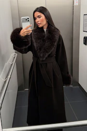 Faux fur collar long coat