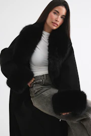 Faux fur collar long coat