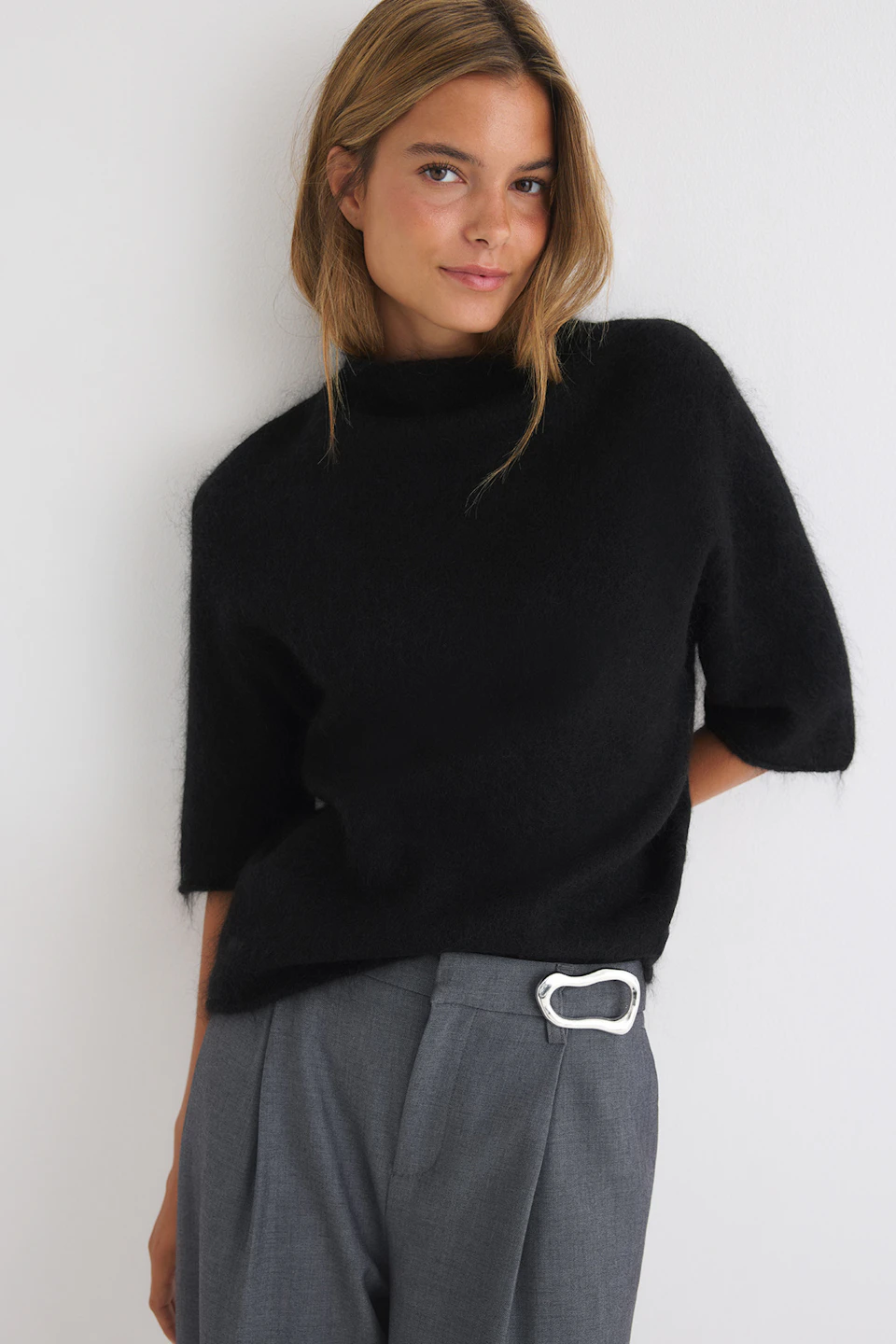 Funnel neck mohair knit top