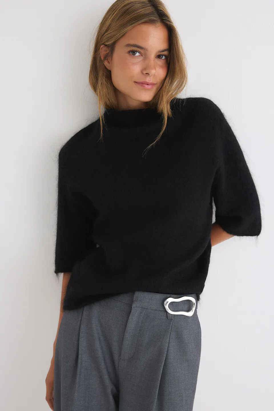 Funnel neck mohair knit top