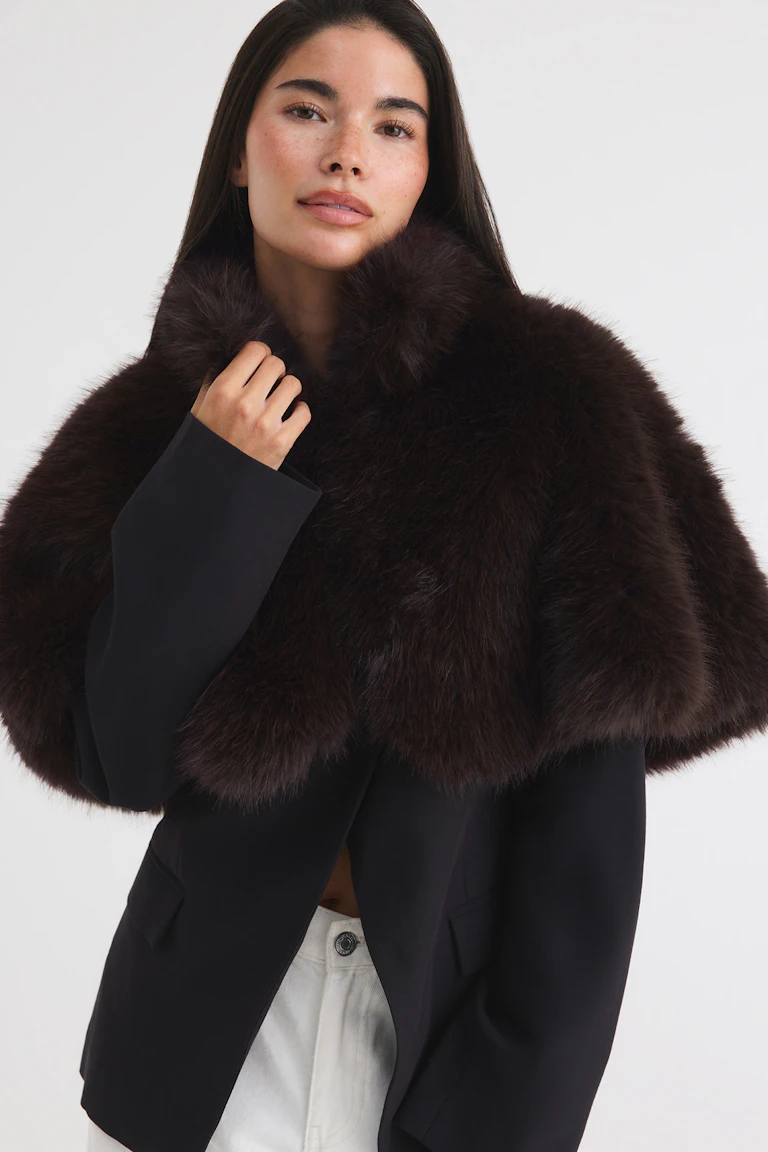 Black tailored coat with a voluminous dark fur collar, worn over a black blazer and white trousers.