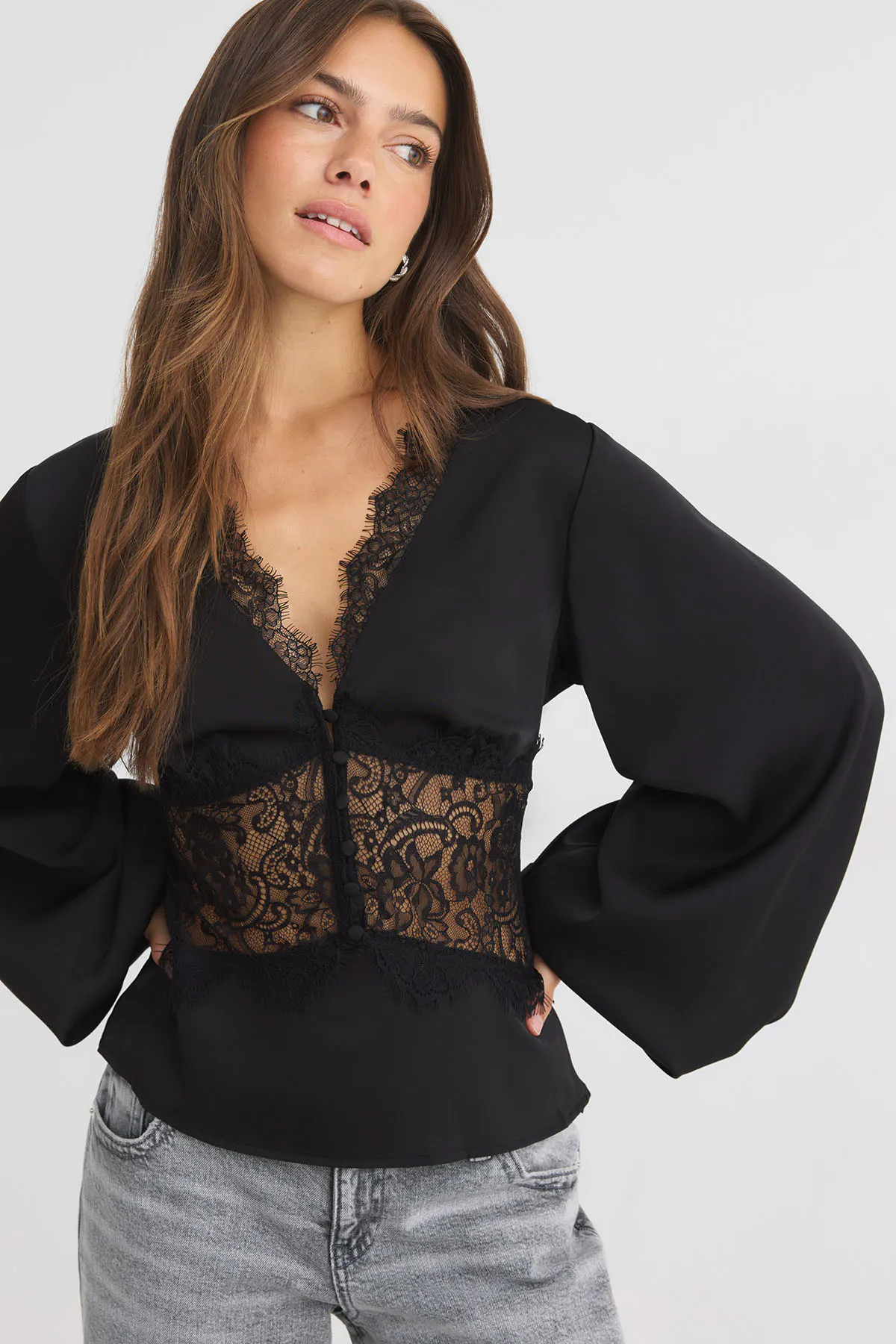 Satin lace blouse - Black - Women - Gina Tricot