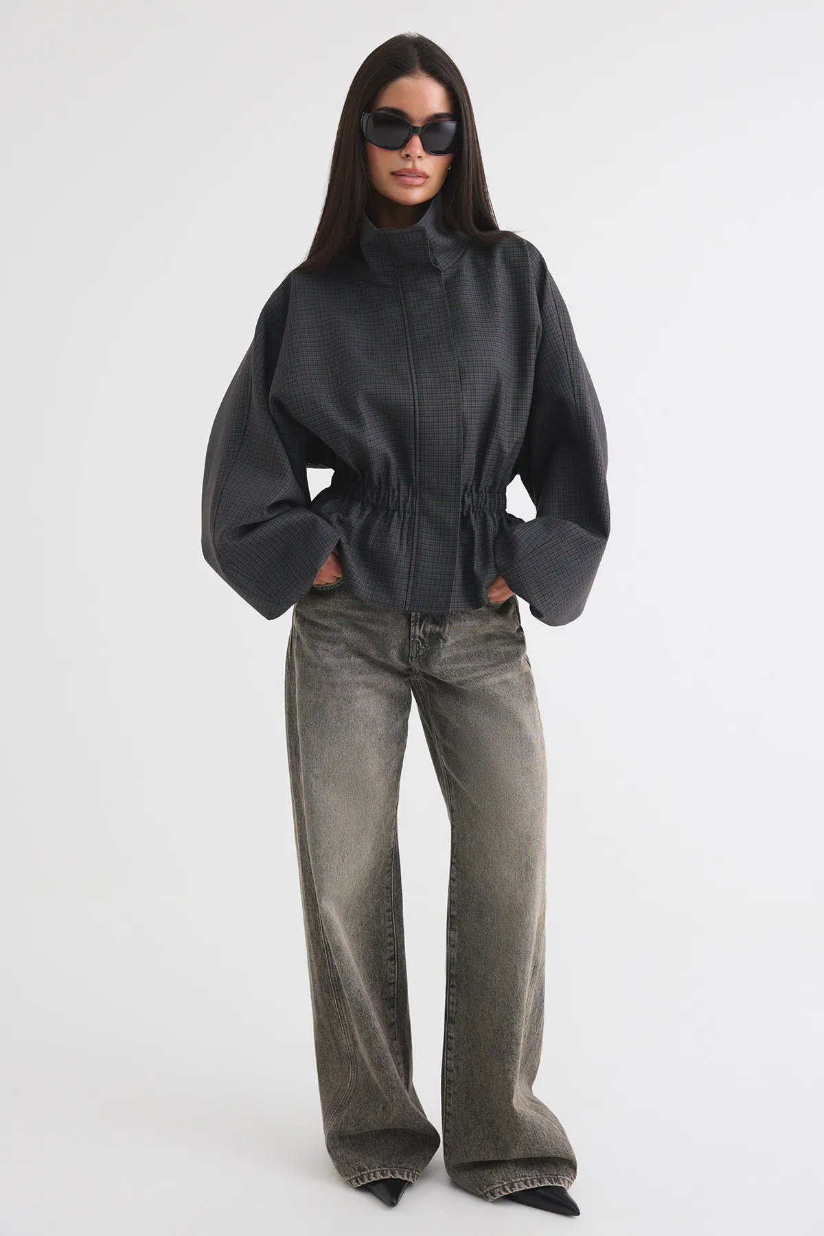 Checked peplum jacket - Grey - Women - Gina Tricot