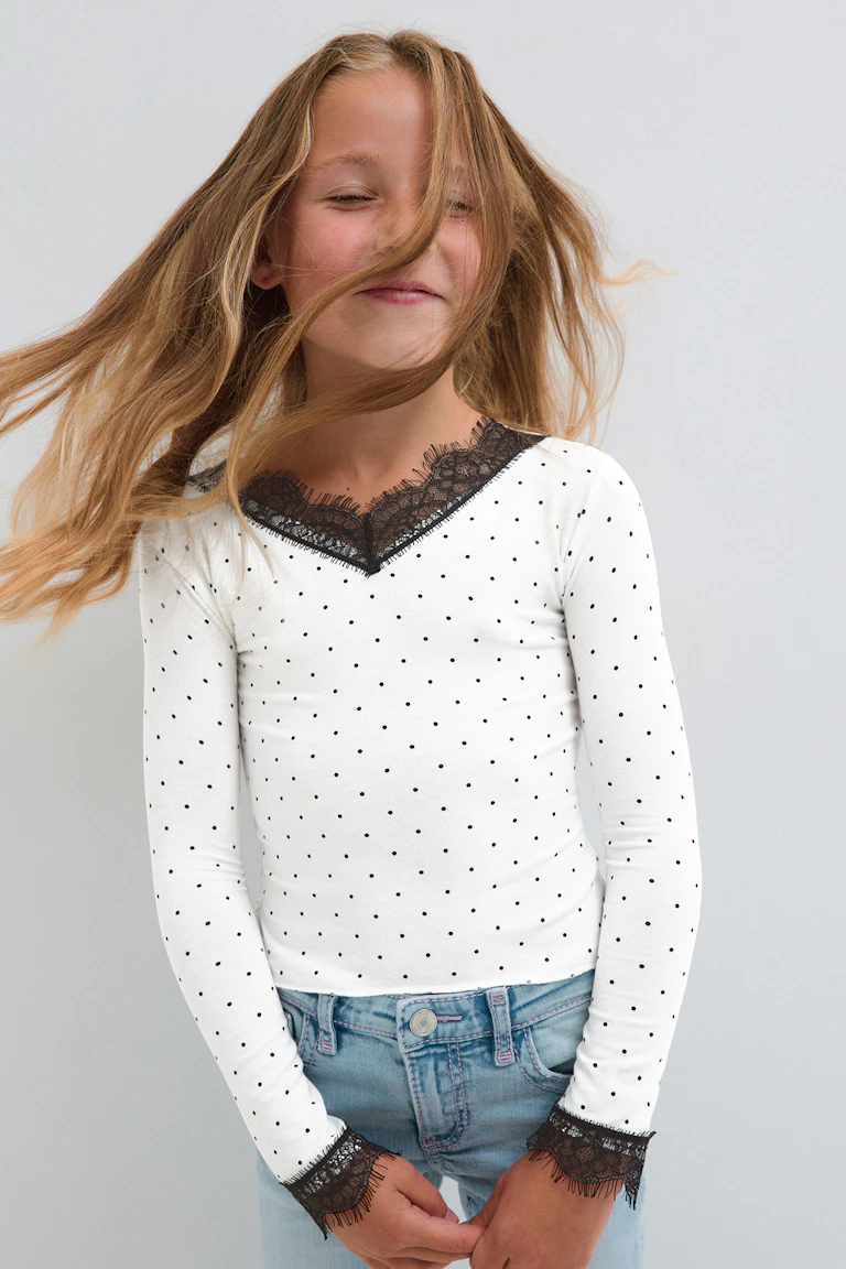 Weißes, langärmeliges Oberteil mit Polka-Dots und schwarzer Spitzenborte am Ausschnitt und an den Ärmelbündchen, kombiniert mit hellblauen Jeans.
