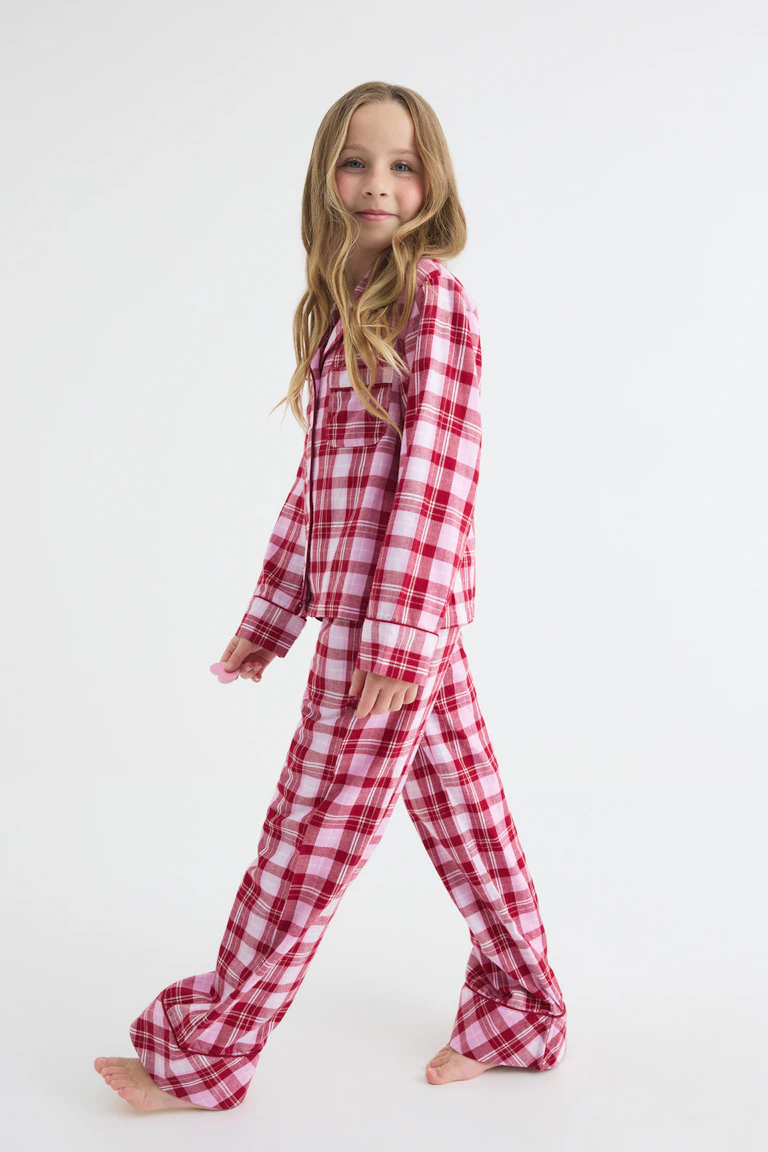 Pink and red plaid long-sleeve pajama set with matching wide-leg pants.
