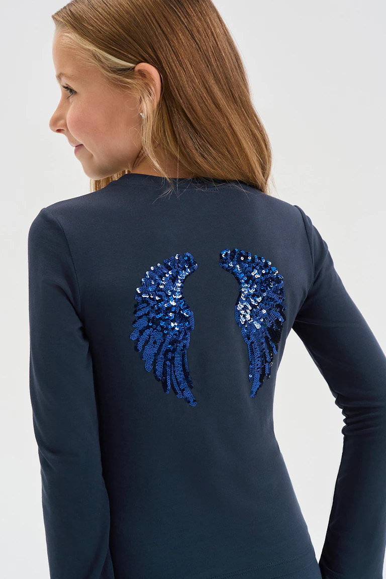 ID 355163, StyleColorSupplier 11519-E: Navy long-sleeve top with blue sequined wing motif on the back.